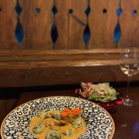 mushroom goulash with soy cream and nettle štruklji  at Gostilna Mencinger in Gornja Radgona