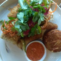 Miso tofu and eggplant chips with a hashy on the side. at The Hatter and the Hare in Bayswater