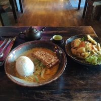 Com Cari (left), Sora Van Tan (right), and jasmine tea (top) at SORA - Vietnamese Vegan Cuisine in Berlin