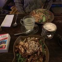 (Front) glass noodles with tofu and seitan (Back) Rice noodles with tofu, oyster mushrooms and veggies.  at SORA - Vietnamese Vegan Cuisine in Berlin