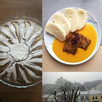 Vegan version of traditional Sviečková (Beef tenderloin) with tempeh and dumpling. / Pear cake.  at Roots in Trencin