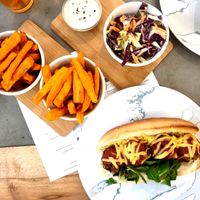 'Meatballs' sandwich, sweet potato fries, coleslaw.  at Roots in Trencin