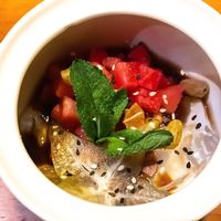 Chinese jelly with watermelon cubes, brown sugar syrup, haw flakes, starfruit slice and raisins at Ganglamedo Vegetarian Cuisine in Central Singapore