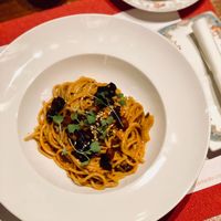 Tibetan Noodle with Porcini Mushrooms, Capsicum and Sesame Sauce.   at Ganglamedo Vegetarian Cuisine in Central Singapore