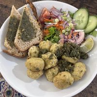 Pasta balls and wild garlic breadd  at Rockaway Cafe in Temple Cloud