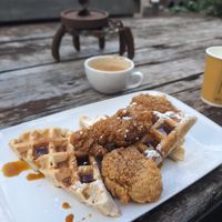 Waffles and fried chick'n at Rockaway Cafe in Temple Cloud