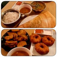 spinach and lentils, masala dosa, pakodas, lentil doughnuts at Kathakali in New Plymouth