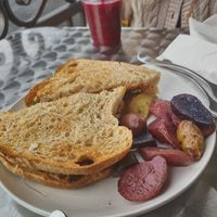 Mushroom "Sausage" Sammi and Roasted Fingerling Potatoes at Y'not Organic in Pismo Beach