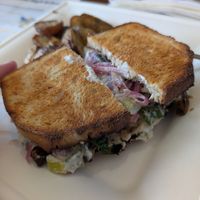Portobello sando on sourdough with side of potatoes, really tasty! at Y'not Organic in Pismo Beach