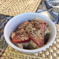 Banana strawberry sundae -- with house-made vegan banana ice "cream"  and granola sprinkle at Turtle Lake Refuge in Durango