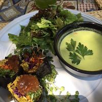 Nori rolls, salad with lemon vinaigrette, and parsley-zucchini soup with cashew cream at Turtle Lake Refuge in Durango