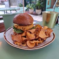 Vegan Burger with Sweetpotato Chips at Nicolau Lisboa in Lisbon