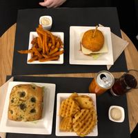 Burgers, fries, gaufrettes, vegan mayo, peach ice tea. at H&K's - Vlaamsesteenweg in Brussels