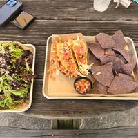 Tofu tacos with chips and pico de gallo, side salad at Dunedin Brewery in Dunedin