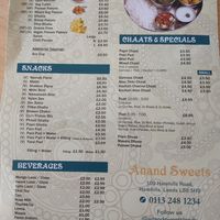 Starters, Snacks and Chaat menu at Anand Sweets in Leeds