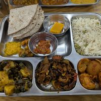 Vegan Special Thali with Karela, Aloo Bindi and another curry I can't remember the name of. at Anand Sweets in Leeds