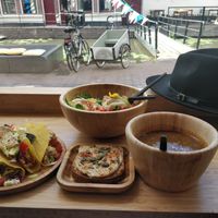 Lentil soup, hummous bread, jack fruit taco's and filled Sweet patatoes.  at Miss Nice Banana in Gouda