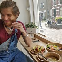 Jack fruit taco's (amazing! There soooo tasty), lentil soup, Handmade bread and hummous and filled Sweet patatoes. at Miss Nice Banana in Gouda