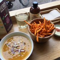 Soup bowl, fries and a drink - awesome food!!!  at Miss Nice Banana in Gouda