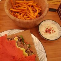 Black bean burger with sweet potato fries and veganaise 😋 at Miss Nice Banana in Gouda