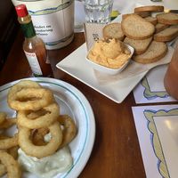 Starters - vegan almogrote (Canarian cheese and pepper sauce) and onion rings   at El Limon in Tenerife