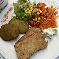 Seitan, spinach fritters & salad, with a vegan garlic sauce   at El Limon in Tenerife