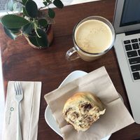 Decaf latte and tahini pie at Jasmine Micro Roastery in Larnaca