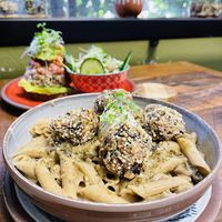 Alfredo Pasta + MeatBalls (yummeroo!🤤!)  at  PLANT GOSSIP - powered by OrVeganic Kitchen in Coeur D Alene