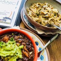 Sweet Potato Three Bean Chili bowl with the Almond Chardonnay Chedder Alfredo at  PLANT GOSSIP - powered by OrVeganic Kitchen in Coeur D Alene