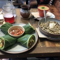 Collard green wrap, Alfredo pasta, split pea soup   at  PLANT GOSSIP - powered by OrVeganic Kitchen in Coeur D Alene