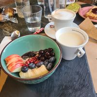 Bowl and cappuccino with almond milk at Say Yes in Ioannina