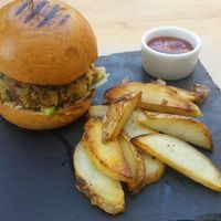 Vegan burger (avocado instead of cheese) +fries at Say Yes in Ioannina