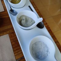 Dips that come with the bread. The middle one is a vegan wasabi mayonnaise that tasted amazing! at Puerta Verde in Lanzarote