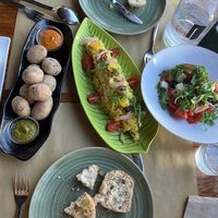 Wrinkled potatoes and bread for starters and the tabbouleh and tomato salad for mains. at Puerta Verde in Lanzarote