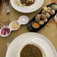Lentil stew (cheese comes on the side) and Canarian potatoes  at Puerta Verde in Lanzarote