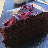 Chocolate cake and mango-ginger sorbet  at Puerta Verde in Lanzarote