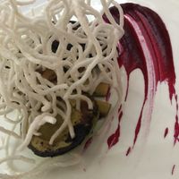 Grilled avocado and beet purée  at Americana in Las Vegas