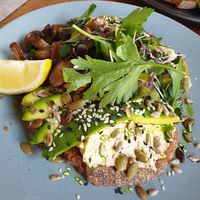 Hommus and avo toast w/mushrooms at One for the Crow in Maidstone