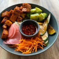 Bibimbap with Korean glazed tofu instead of mock chicken at my request   at One for the Crow in Maidstone