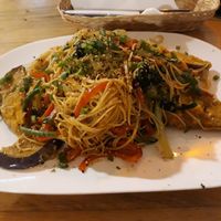 Huge plate of vegetarian soba at Zumo Food & Drink in Banos