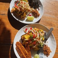 Chilli tofu scramble with sides of mushrooms and tempeh  at Byron Bay General Store in Byron Bay