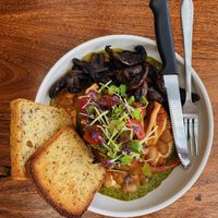 Smoky beans with pesto pumpkin and chipotle cream  at Byron Bay General Store in Byron Bay