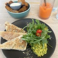 Scrambled tofu, eggplant fries, ginger ninja juice   at Dicki's in New Farm