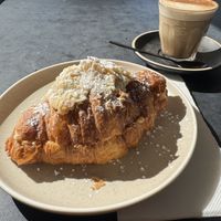 Almond croissant with a chai latte - oat milk is their “go-to” milk, but they have other dairy-free milks (soy/almond etc)   at Dicki's in New Farm