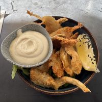 Calamari rings made from oyster mushrooms. Lightly fried and delicious   at Dicki's in New Farm