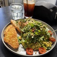 Pesto Tofu Scramble with Turkish Bread (and serve of hash browns too)   at Dicki's in New Farm