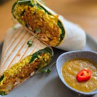 Burrito tofu scramble wrap with guacamole at Dicki's in New Farm