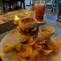 Unexpected burger with refresher drink at Cafe Tropical in Koh Lipe
