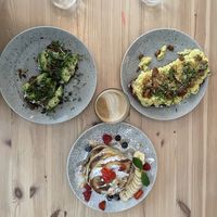 Avo toast, tofu/bacon scramble, classic American pancakes, oat milk latte at Jord in Malmo