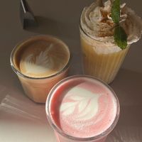 Latte, beetroot latte, golden juice  at Jord in Malmo